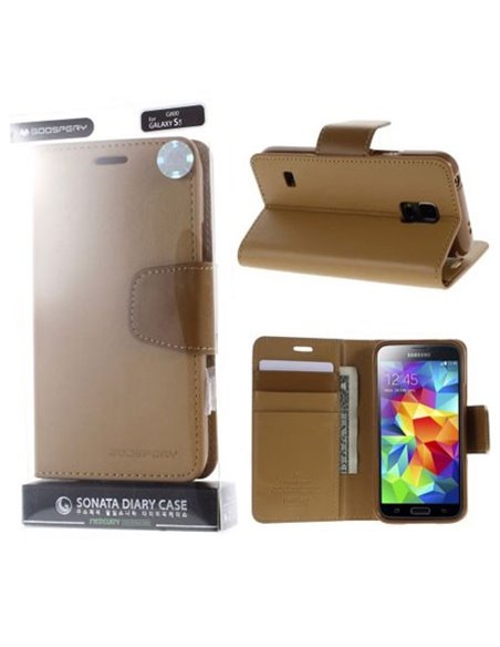 CUSTODIA FLIP ORIZZONTALE PELLE per SAMSUNG G900 GALAXY S5, S5 NEO CON INTERNO IN TPU SILICONE E STAND CARAMELLO SONATA BLISTER