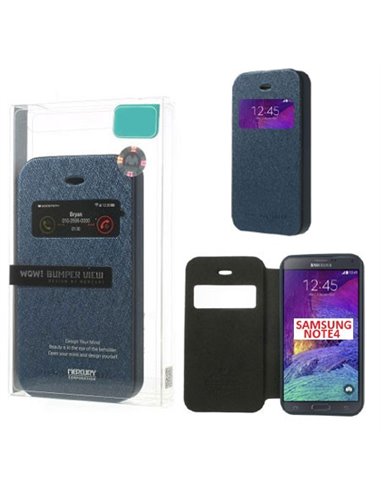 CUSTODIA FLIP ORIZZONTALE per SAMSUNG GALAXY NOTE 4 CON FINESTRA ID E INTERNO IN TPU COLORE BLU WOW! MERCURY BLISTER