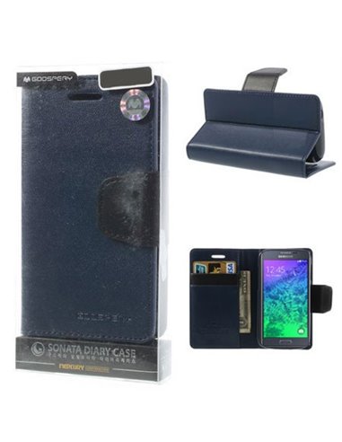 CUSTODIA FLIP ORIZZONTALE PELLE per SAMSUNG G850 GALAXY ALPHA CON INTERNO IN SILICONE E STAND COLORE BLU SONATA BLISTER