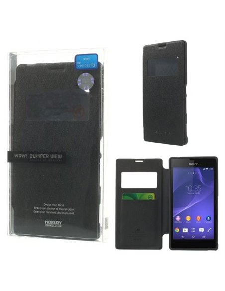 CUSTODIA FLIP ORIZZONTALE per SONY XPERIA T3 D5102, D5103, D5106 CON FINESTRA ID ED INTERNO IN TPU COLORE NERO WOW! MERCURY BLIS