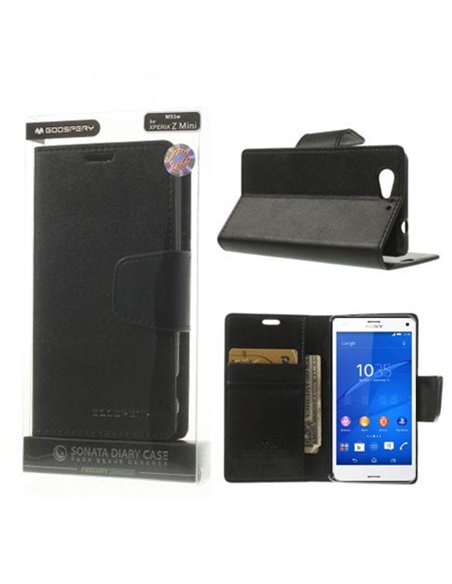 CUSTODIA FLIP ORIZZONTALE PELLE per SONY XPERIA Z3 COMPACT CON INTERNO IN TPU SILICONE E STAND NERO SONATA BLISTER