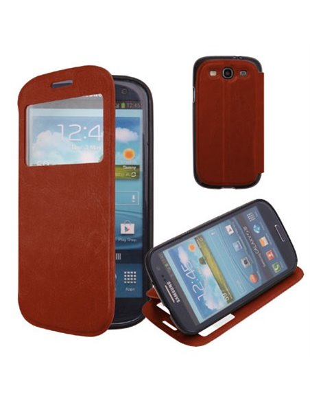 CUSTODIA FLIP ORIZZONTALE PELLE per SAMSUNG I9300 GALAXY S3 CON STAND, FINESTRA ID ED INTERNO IN TPU COLORE MARRONE