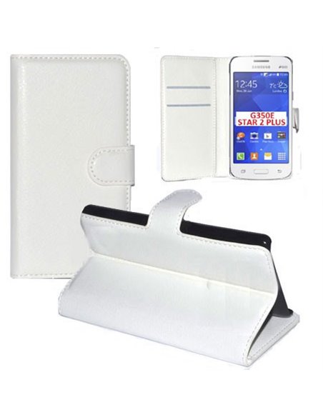 CUSTODIA FLIP ORIZZONTALE PELLE per SAMSUNG G350E GALAXY STAR 2 PLUS CON STAND E TASCHE PORTA CARTE COLORE BIANCO