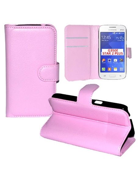 CUSTODIA FLIP ORIZZONTALE PELLE per SAMSUNG G350E GALAXY STAR 2 PLUS CON STAND E TASCHE PORTA CARTE COLORE ROSA