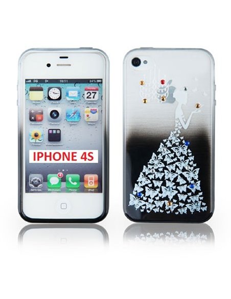 CUSTODIA TPU SILICONE per APPLE IPHONE 4, IPHONE 4s FANTASIA PRINCIPESSA CON STRASS SU SFUMATURA COLORE NERO