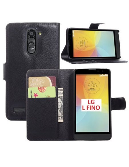 CUSTODIA FLIP ORIZZONTALE SIMILPELLE per LG L FINO, D290N, D295 CON STAND, TASCHE PORTA CARTE E CHIUSURA MAGNETICA COLORE NERO