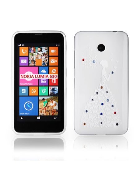 CUSTODIA TPU SILICONE per NOKIA LUMIA 630 FANTASIA PRINCIPESSA CON STRASS SU SFUMATURA COLORE BIANCO