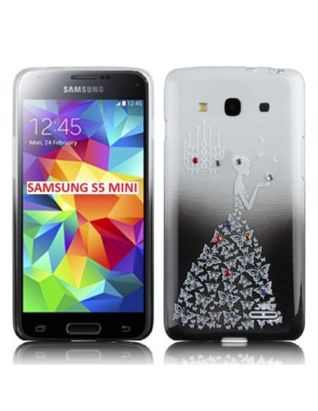 CUSTODIA TPU SILICONE per SAMSUNG G800 GALAXY S5 MINI FANTASIA PRINCIPESSA CON STRASS SU SFUMATURA COLORE NERO