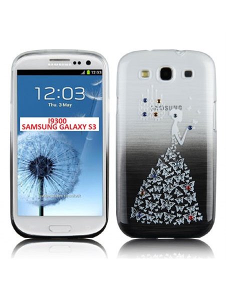 CUSTODIA TPU SILICONE per SAMSUNG I9300 GALAXY S3, I9300i S3 NEO FANTASIA PRINCIPESSA CON STRASS SU SFUMATURA NERA