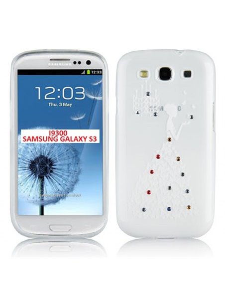 CUSTODIA TPU SILICONE per SAMSUNG I9300 GALAXY S3, I9300i S3 NEO FANTASIA PRINCIPESSA CON STRASS SU SFUMATURA BIANCA