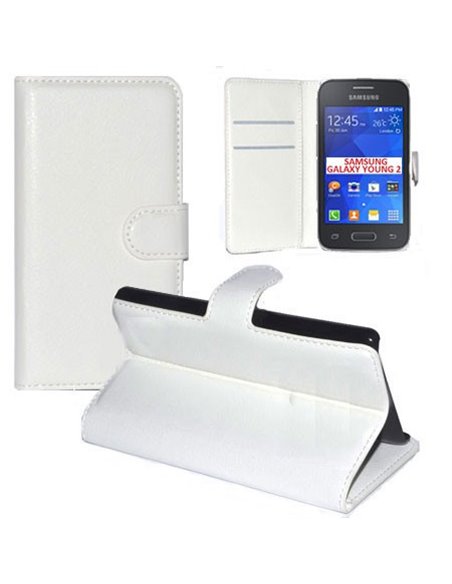 CUSTODIA FLIP ORIZZONTALE PELLE per SAMSUNG G130 GALAXY YOUNG 2 CON STAND, TASCHE PORTA CARTE E CHIUSURA MAGNETICA BIANCO