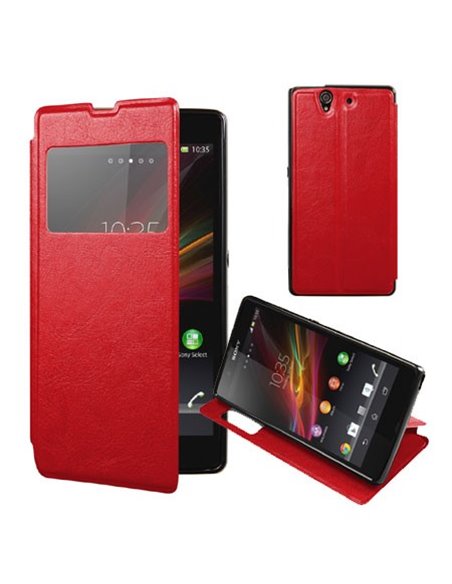 CUSTODIA FLIP ORIZZONTALE PELLE per SONY XPERIA T3 D5102, D5103, D5106  CON STAND, FINESTRA ID ED INTERNO IN TPU COLORE ROSSO