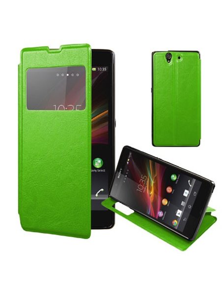 CUSTODIA FLIP ORIZZONTALE PELLE per SONY XPERIA T3 D5102, D5103, D5106  CON STAND, FINESTRA ID ED INTERNO IN TPU COLORE VERDE