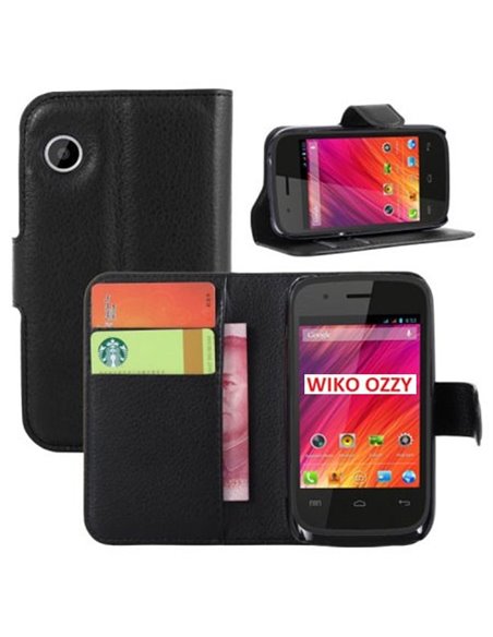 CUSTODIA FLIP ORIZZONTALE PELLE per WIKO OZZY CON STAND, PORTA CARTE E CHIUSURA MAGNETICA COLORE NERO