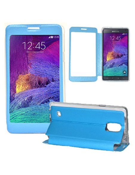 CUSTODIA FLIP ORIZZONTALE PELLE per SAMSUNG GALAXY NOTE 4 CON FINESTRA GRANDE, INTERNO IN TPU SILICONE E STAND COLORE AZZURRO