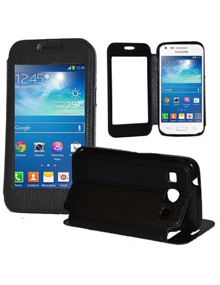 CUSTODIA FLIP ORIZZONTALE PELLE per SAMSUNG G3500 GALAXY CORE PLUS, G3502 CON FINESTRA GRANDE, INTERNO IN TPU E STAND COLORE NER