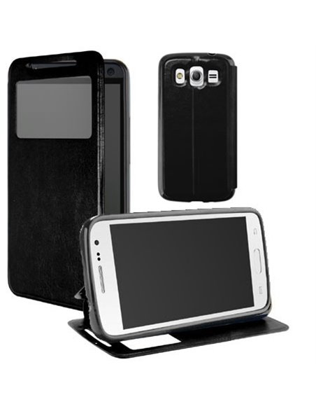 CUSTODIA FLIP ORIZZONTALE PELLE per SAMSUNG G357 GALAXY ACE 4 CON STAND, FINESTRA ID ED INTERNO IN TPU SILICONE COLORE NERO