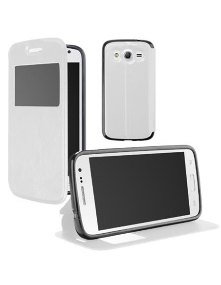 CUSTODIA FLIP ORIZZONTALE PELLE per SAMSUNG G357 GALAXY ACE 4 CON STAND, FINESTRA ID ED INTERNO IN TPU SILICONE COLORE BIANCO