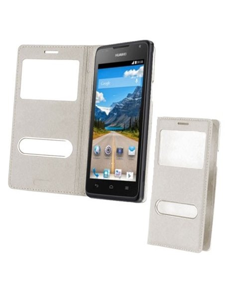 CUSTODIA FLIP COVER ORIZZONTALE PELLE per HUAWEI ASCEND Y530 CON DOPPIA FINESTRA IDENTIFICATIVO CHIAMANTE COLORE BIANCO