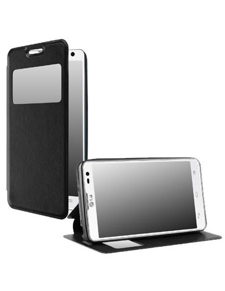 CUSTODIA FLIP ORIZZONTALE SIMILPELLE per LG L FINO, D290N, D295 CON STAND, FINESTRA ID ED INTERNO IN TPU SILICONE COLORE NERO