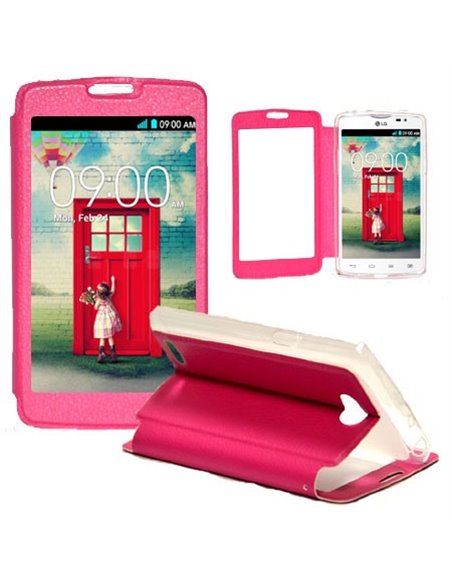 CUSTODIA FLIP ORIZZONTALE PELLE per LG L80 DUAL, D380 CON FINESTRA GRANDE, INTERNO IN TPU SILICONE E STAND COLORE ROSA