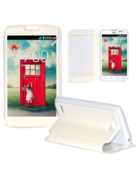 CUSTODIA FLIP ORIZZONTALE PELLE per LG L80 DUAL, D380 CON FINESTRA GRANDE, INTERNO IN TPU SILICONE E STAND COLORE BIANCO