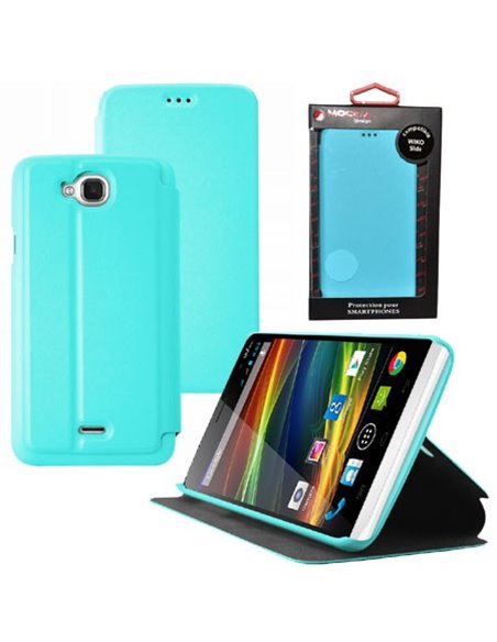 CUSTODIA FLIP ORIZZONTALE PELLE per WIKO SLIDE CON STAND COLORE AZZURRO ALTA QUALITA' MOCCA BLISTER