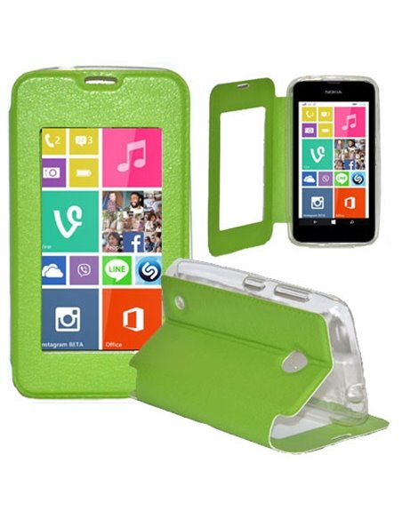 CUSTODIA FLIP ORIZZONTALE PELLE per NOKIA LUMIA 530 CON FINESTRA GRANDE, INTERNO IN TPU SILICONE E STAND COLORE VERDE