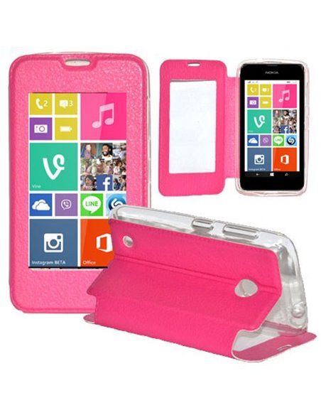 CUSTODIA FLIP ORIZZONTALE PELLE per NOKIA LUMIA 530 CON FINESTRA GRANDE, INTERNO IN TPU SILICONE E STAND COLORE ROSA