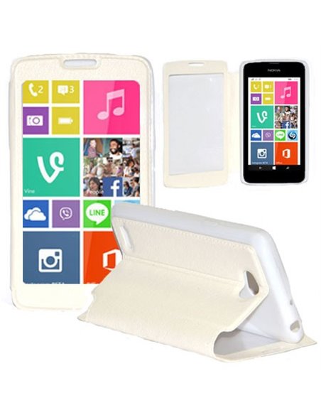 CUSTODIA FLIP ORIZZONTALE PELLE per NOKIA LUMIA 530 CON FINESTRA GRANDE, INTERNO IN TPU SILICONE E STAND COLORE BIANCO