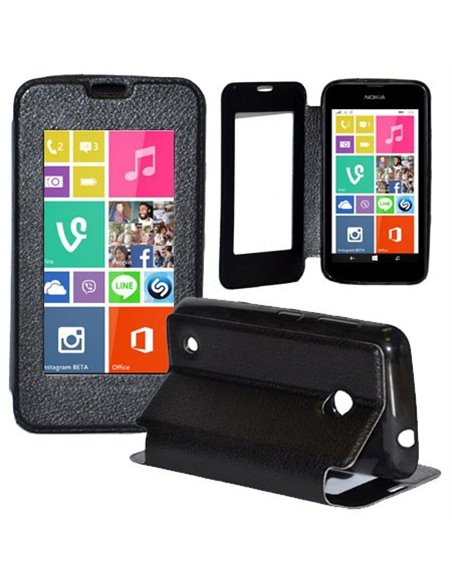 CUSTODIA FLIP ORIZZONTALE PELLE per NOKIA LUMIA 530 CON FINESTRA GRANDE, INTERNO IN TPU SILICONE E STAND COLORE NERO