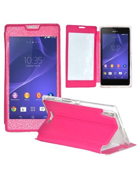 CUSTODIA FLIP ORIZZONTALE PELLE per SONY XPERIA T3 D5102, D5103, D5106 CON FINESTRA GRANDE, INTERNO IN TPU E STAND COLORE ROSA