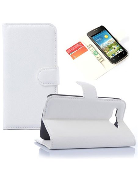 CUSTODIA FLIP ORIZZONTALE PELLE per HUAWEI ASCEND Y540, ASCEND Y520 CON STAND, PORTA CARTE E CHIUSURA MAGNETICA COLORE BIANCO