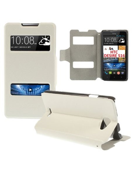 CUSTODIA FLIP ORIZZONTALE PELLE per HTC DESIRE 516, DESIRE 316 CON DOPPIA FINESTRA ID, STAND E CHIUSURA MAGNETICA COLORE BIANCO