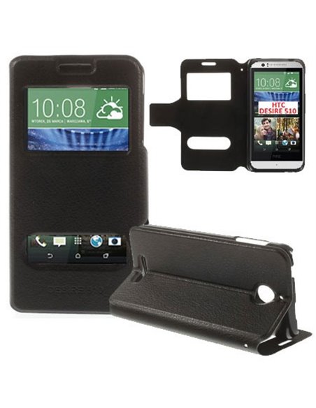 CUSTODIA FLIP ORIZZONTALE PELLE per HTC DESIRE 510 CON DOPPIA FINESTRA ID, STAND E CHIUSURA MAGNETICA COLORE NERO