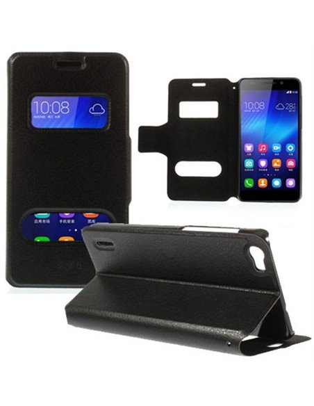 CUSTODIA FLIP ORIZZONTALE SLIM per HUAWEI HONOR 6 CON DOPPIA FINESTRA ID E STAND COLORE NERO