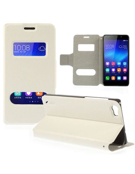 CUSTODIA FLIP ORIZZONTALE SLIM per HUAWEI HONOR 6 CON DOPPIA FINESTRA ID E STAND COLORE BIANCO