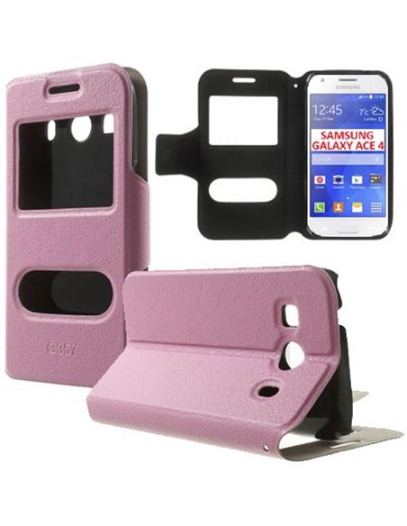 CUSTODIA FLIP ORIZZONTALE SLIM per SAMSUNG G357 GALAXY ACE 4 CON DOPPIA FINESTRA ID, STAND E CHIUSURA MAGNETICA COLORE ROSA