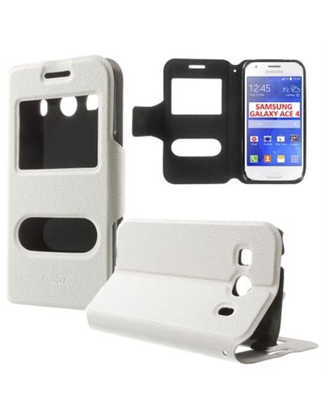 CUSTODIA FLIP ORIZZONTALE SLIM per SAMSUNG G357 GALAXY ACE 4 CON DOPPIA FINESTRA ID, STAND E CHIUSURA MAGNETICA COLORE BIANCO