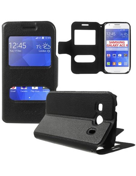 CUSTODIA FLIP ORIZZONTALE SLIM per SAMSUNG G357 GALAXY ACE 4 CON DOPPIA FINESTRA ID, STAND E CHIUSURA MAGNETICA COLORE NERO