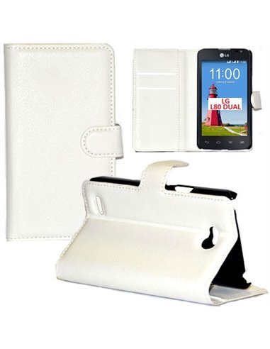 CUSTODIA FLIP ORIZZONTALE PELLE per LG L80 DUAL, D380 CON STAND, TASCHE PORTA CARTE E CHIUSURA MAGNETICA COLORE BIANCO