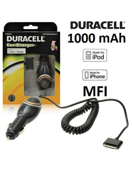 CARICATORE AUTO 1000mAh CON CONNETTORE 30 PIN PER DISPOSITIVI APPLE con CERTIFICATO MFI - CAVO A SPIRALE NERO DURACELL DMDC03