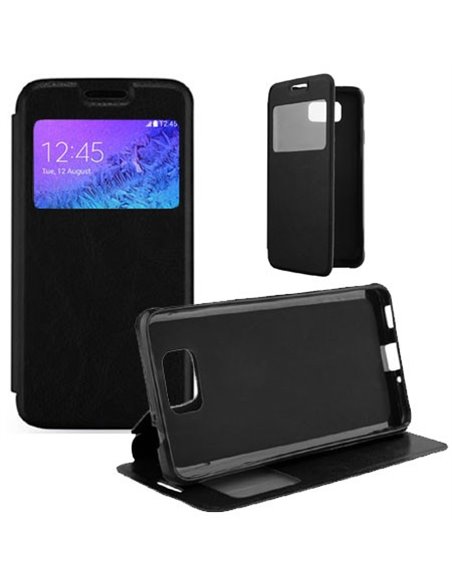 CUSTODIA FLIP ORIZZONTALE PELLE per SAMSUNG G850 GALAXY ALPHA CON STAND, FINESTRA ID ED INTERNO IN TPU SILICONE COLORE NERO