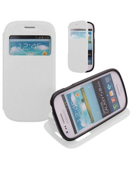CUSTODIA FLIP ORIZZONTALE PELLE per SAMSUNG I8190 GALAXY S3, I8200 GALAXY S3 MINI CON FINESTRA ID ED INTERNO IN TPU COLORE BIANC