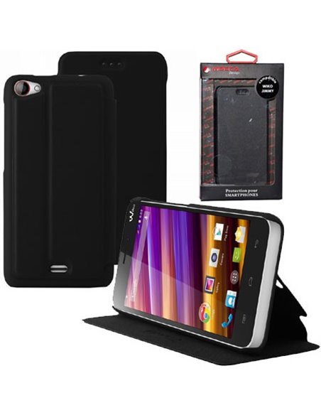 CUSTODIA FLIP ORIZZONTALE PELLE per WIKO JIMMY CON STAND COLORE NERO ALTA QUALITA' MOCCA BLISTER