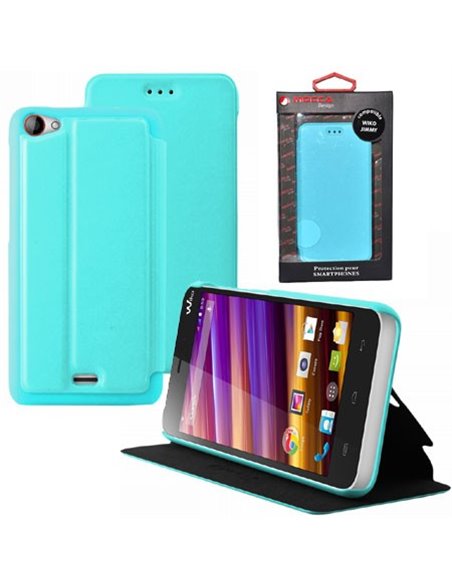 CUSTODIA FLIP ORIZZONTALE PELLE per WIKO JIMMY CON STAND COLORE AZZURRO ALTA QUALITA' MOCCA BLISTER