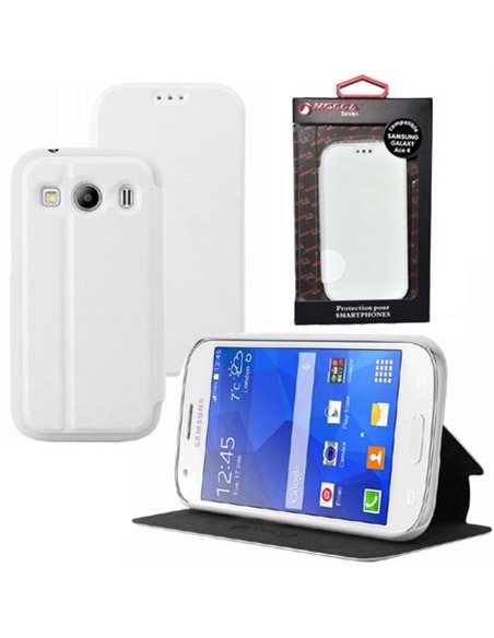 CUSTODIA FLIP ORIZZONTALE PELLE per SAMSUNG G357 GALAXY ACE 4 CON STAND COLORE BIANCO ALTA QUALITA' MOCCA BLISTER