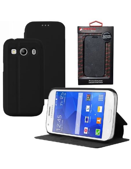 CUSTODIA FLIP ORIZZONTALE PELLE per SAMSUNG G357 GALAXY ACE 4 CON STAND COLORE NERO ALTA QUALITA' MOCCA BLISTER