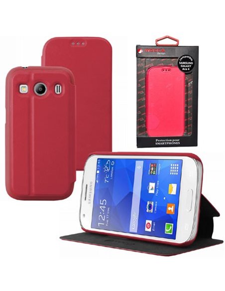 CUSTODIA FLIP ORIZZONTALE PELLE per SAMSUNG G357 GALAXY ACE 4 CON STAND COLORE ROSA ALTA QUALITA' MOCCA BLISTER