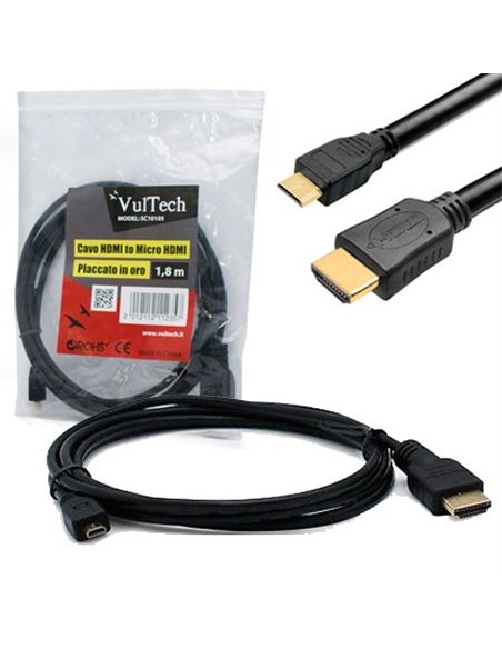 CAVO HDMI MASCHIO / MICRO HDMI MASCHIO V1.4 LUNGHEZZA 1.8 MT COLORE NERO CON CONNETTORI PLACCATI ORO SC10105 VULTECH